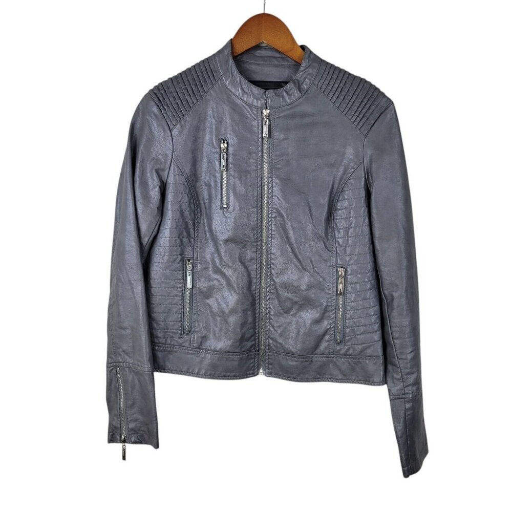 Joujou Faux Leather Jacket Size Medium Coat Zip Up Moto Classic Gray Motorcycle